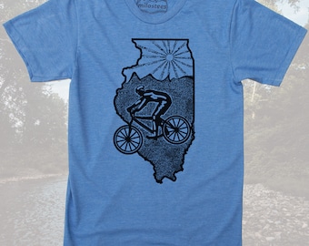 Illinois T-shirt with mountain bike graphic, hand screen print on soft shirt's for bike rides or casual day's at Wrigley, Chicago apparel!