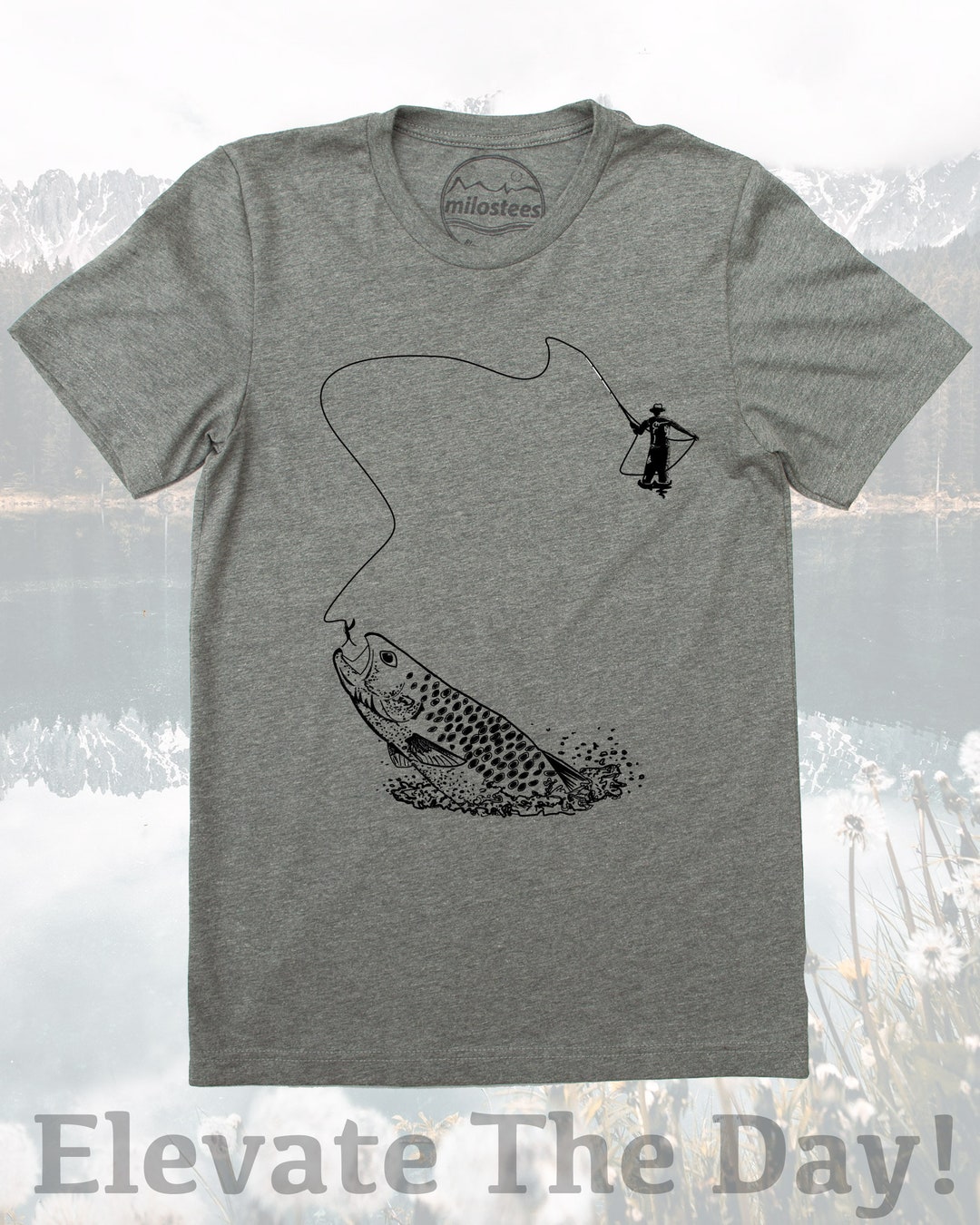 Fly Fish Shirt, Graphic of Fisherman Casting a Fly Line for a Fish Catch,  Screen Print on Soft 50/50 T in Army Green, Mens Fly Fishing Gift -   Canada