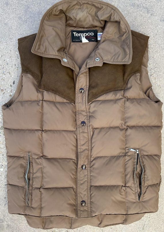 Vtg Tempco Goose Down Insulated Western Crop Puffer Jacket Tan Brown ML Made USA