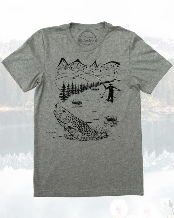 Fisherman Apparel, Graphic Fly Fishing Print in Mountain Scene on Soft Grey  Tee in a 50/50 Blend, Fly Fishing Shirt for Him, Fly Fish Gift T 