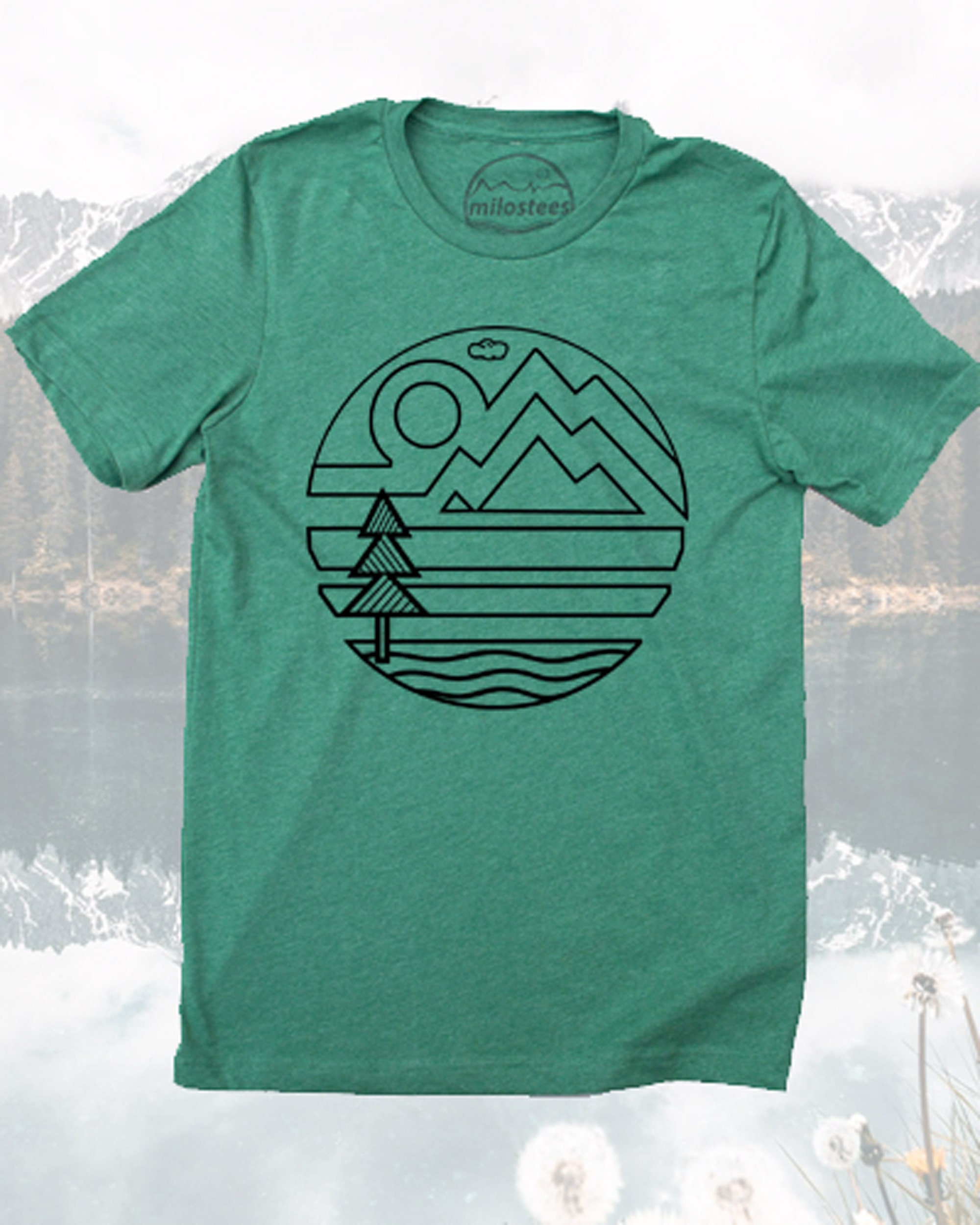 Mountain Tee Shirt Simple Geometric Design With Lake, Tree & Cloud