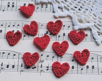 Set of 10 hand crochet red hearts Small heart embellishment Wedding decoration Lace heart appliques