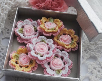 Crochet flower appliques with pink satin rose. Romantic pink roses to decorate your crafts and scrapbooking. Handmade craft supplies.