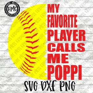 Softbol SVG DXF PNG - Mi jugador favorito me llama Poppi - Diseño de camiseta de papá de softbol - Diseño de camiseta de abuelo de softbol - Descarga digital