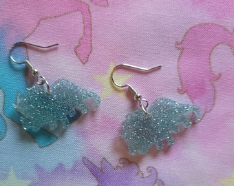 Blue Triceratops dinosaur earrings