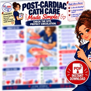 May include: An educational poster titled Post-Cardiac Cath Care Made Simple featuring a cartoon nurse, medical checklists, and nursing tips. The text includes Think Like a Nurse, Check the Site, Protect Circulation, and an Instant Download PDF icon.