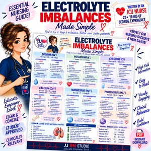 May include: An educational nursing guide titled Electrolyte Imbalances Made Simple, featuring a cartoon nurse with a stethoscope. The chart details sodium, potassium, chloride, calcium, magnesium, and phosphorus levels with clinical reference data.