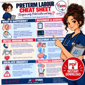 May include: A Preterm Labour Cheat Sheet educational poster featuring a cartoon nurse, medical icons, and text sections titled What is Happening, Recognize & Assess, Initial Nursing Actions, Treatment & Monitoring, Escalate Urgently, and Teaching & Handover.