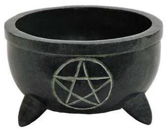 Lailokens Awen Black Stone Incense Bowl with Pentagram