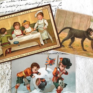 Viktorianische Weihnachtskarten, Jungensoldaten, Kinderfest, Affen, Chromolithograph, 1879