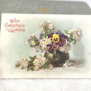 Antike Weihnachtspostkarte, Stiefmütterchen in einer Vase, Misch und Stocks