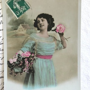 Antique French Postcard, Amitie, Friendship, Pretty Woman in Beautiful Dress, Pink Roses, Hand Tinted Real Photograph