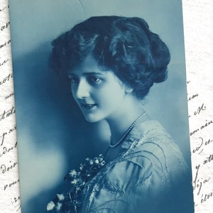 Beautiful Young Woman, Real Photograph, Blue Tint, Art Deco Postcard