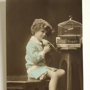 Kleiner Junge mit Vogel und Vogelkäfig, handkolorierte echte Fotografie, Kinder Postkarte, unbenutzt