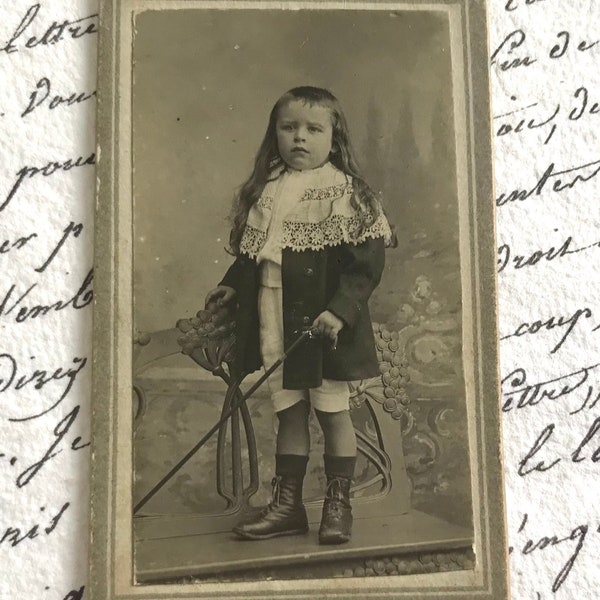 Antique French Tiny Carte De Visite, Little Boy in Lace Collar with Long Hair, Small Carte De Visite, Delon-Moreau Studio, Rare