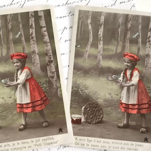 Zwei antike französische Postkarten, Kleines Mädchen im roten Kleid, handkoloriert, echte Fotografie