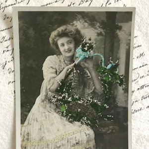 French Antique Postcard, Pretty Woman in Beautiful Dress, Lily of the Valley,  Hand Tinted, Gold Highlights, Real Photograph, Art Nouveau