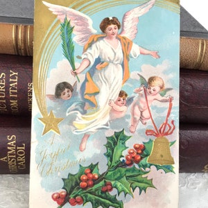 Schöne antike Weihnachtspostkarte, Engel mit weißen Flügeln, Putten, goldene Highlights, Jugendstil, amerikanisch, 1908