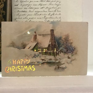 Antike Hold To Light Weihnachtspostkarte, Haus und Teich in einer Winterszene, 1908