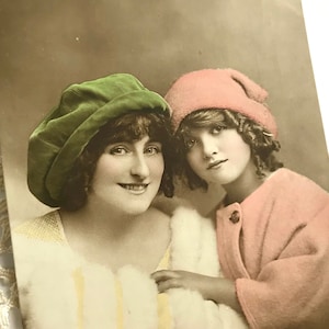 Antique Christmas Postcard: Hand-Painted Woman & Girl with Hats