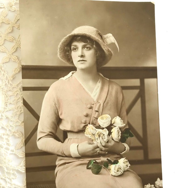 Edwardian Actress Postcard, Gladys Cooper, Large Hat and Silk Dress, Rotary Series, Hand Tinted Real Photograph, British Beauty