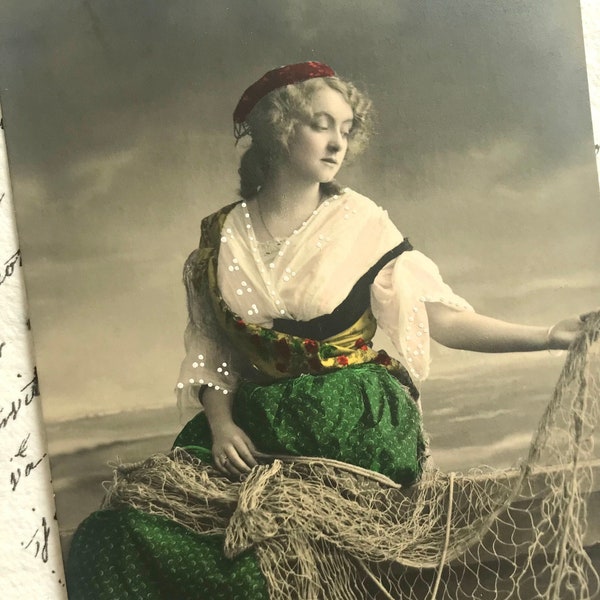 Antique Postcard, Fisher-Woman, Painted Details, Hand Tinted Real Photograph, Alfred Stiebel