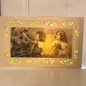 Antike Hold To Light Weihnachtspostkarte, Hübsche Kinder, rosa Rosen, mit Spitze eingefasst, Jugendstil, Unbenutzt