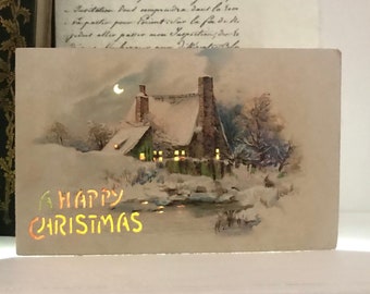 Antique Hold To Light Christmas Postcard, House and Pond  in a Winter Scene, 1908