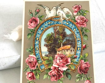 Antique Birthday Postcard: Pink Roses, White Doves, Gold Horseshoe