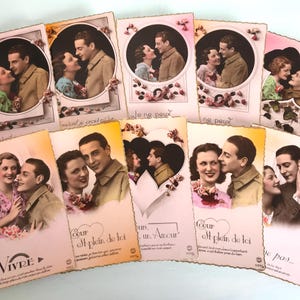 Vintage French Postcards, Beautiful Young Women with Handsome Soldiers, WWII, Real Photographs, Brightly Coloured, 1940s, Bundle of Ten