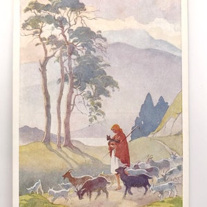 Margaret Tarrant, ‘Der Goatherd’, Kind und Ziegen in den Bergen, Kinderzimmer Dekoration
