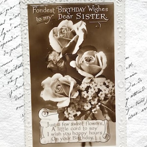 Vintage Postkarte, Geburtstagsgruß der Schwester, Rosen, Schwarzweißfoto, Vers, 1930er Jahre
