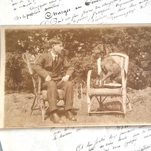 Vintage Postkarte, Junger Mann mit Hund auf einem Stuhl sitzend, Pointer, echte Fotografie