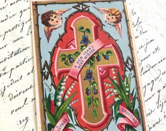 Victorian Christmas Card, Cherubs, Gold Cross, Lily of the Valley, Gold Highlights 1870s