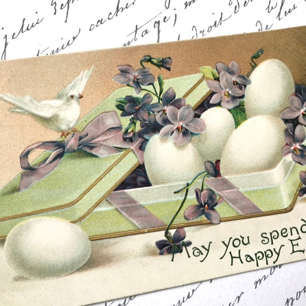 Antique Postcard, Easter Eggs in Box, White Dove, Embossed, Art Nouveau, Wildt & Kray