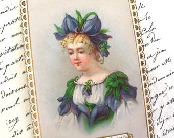 19th Century Paper Lace Victorian Greeting Card, Lady with Purple Flower Hat and Dress, German, Embossed Gold Border