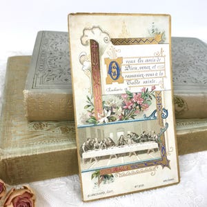 Antike französische Gebetskarte, das letzte Abendmahl, religiöses Ephemera, rosa Blumen, verzierte Karte