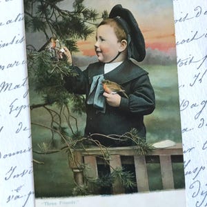 Hand Tinted Antique Postcard: Little Boy in Sailor Suit with Robin