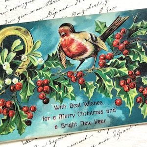 Rotkehlchen Weihnachtspostkarte, Rotkehlchen auf Ast, Hufeisen, geprägte Blätter von Stechpalme