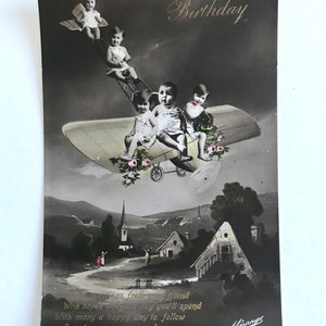 Babies in Flying Machine, Antique Aeroplane, Birthday Greeting, Novelty Baby Postcard, Hand Tinted
