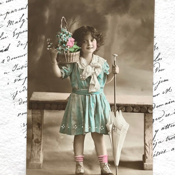 Antique Postcard, Pretty Girl with Flower Basket and Parasol, Hand Painted Real Photograph