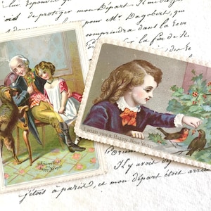 Victorian Christmas Cards, Embossed Paper Edges, Girl Playing with Grandfather, Boy with Robins, Rare Early Miniature Cards, 1860s