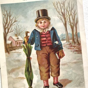 Victorian Christmas Card, Quirky Boy with Top Hat and Umbrella, ‘Going to Church’, Reclaimed from Album, 1880s New Year Greeting