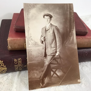 Antique Postcard, Handsome Man, Tweed Suit, Flat Cap, Real Photo, Social History