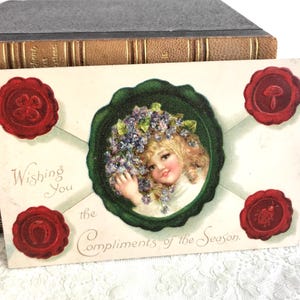Porträt eines hübschen Mädchens mit lila Blumen, Cameo auf einem versiegelten Brief, Stuart und Woolf, geprägte antike Weihnachtspostkarte 1905