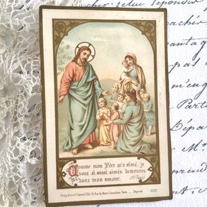 Antike französische Gebets-Erstkommunionkarte, religiöses Ephemera, Jesus, Pastellfarben, goldene Highlights, 1892, verzierter Jugendstil