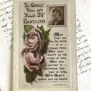 Vintage Postkarte, schöne Frau, rosa Rosen, 21st Geburtstagskarte, 1930er JahreRotrotfoto, Lallie Charles
