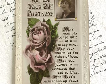 Antique Postcard, Beautiful Woman, Pink Roses, 21st Birthday Card, 1930s Rotary Photo, Lallie Charles