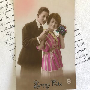 French Antique Postcard, Romantic Couple, Pretty Woman, Hand Tinted Real Photograph, 1928