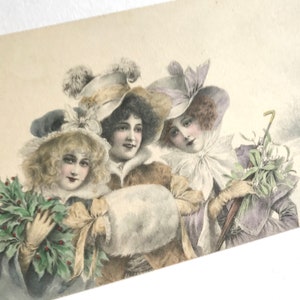 M M Vienne Antique French Christmas Postcard, Pretty Ladies In Fabulous Hats,  Illustration Art Nouveau